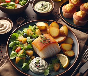 Un plato con una ensalada, otro plato con patatas alioli, otro plato con una pieza blanca de pescado en salsa y muffins